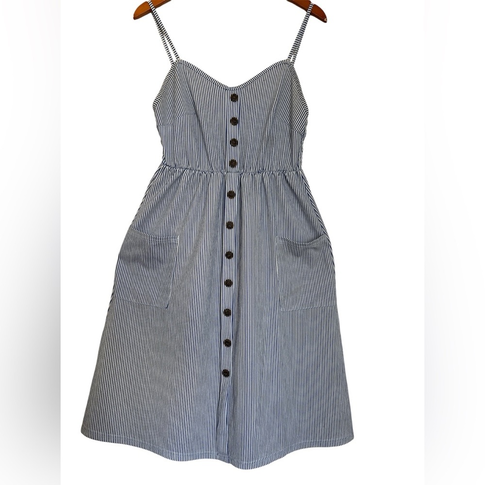 Angashion 60s-Style Striped Strappy Summer Dress — Blue & White, Size Large